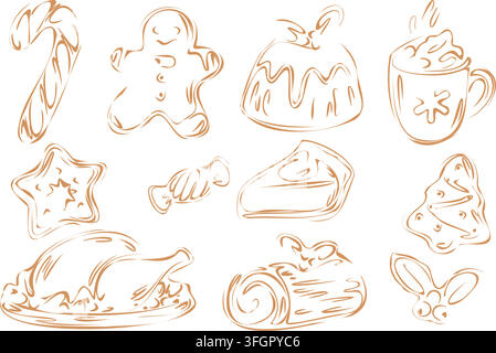 Christmas Food Outline Icon Set Hand Drawn Vector Stock Vector