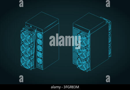 ASIC miner crypto currency mining hardware isometric blueprint, stylized vector illustration Stock Vector