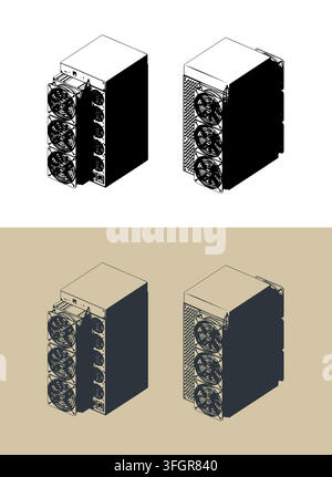 ASIC miner crypto currency mining hardware, stylized isometric vector illustration Stock Vector