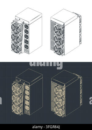 ASIC miner crypto currency mining hardware isometric blueprint, stylized vector illustrations Stock Vector