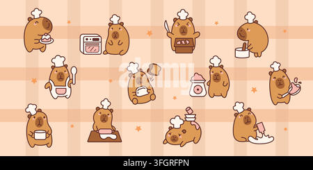 Cute capybara chef cooking and baking character. Kawaii cartoon flat animal illustration clipart and sticker Stock Vector