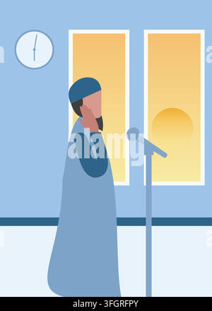 Flat vector illustration of a Muslim man in traditional blue robe giving the Islamic call to prayer Adhan into a microphone inside a mosque setting. Stock Vector