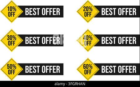 Best Offer Discount Tags Yellow and Black Sale Label 10 to 60 Percent Off Stickers Stock Vector