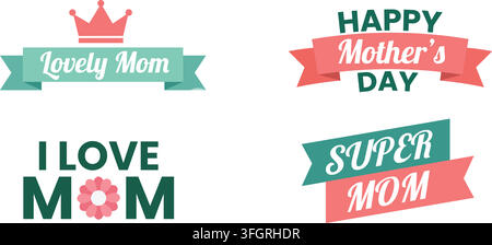 Flat Mothers Day Typography Badge Set Lovely Mom Super Mom Ribbon Banner Crown Stock Vector