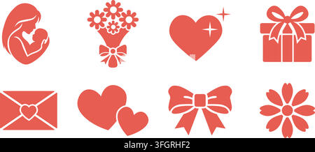 Mothers Day Flat Icon Set Heart Flower Bouquet Gift Box Love Letter Clipart Stock Vector