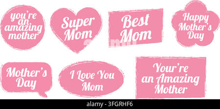 Pink Mothers Day Badge Sticker Set Super Mom Best Mom Greeting Labels Collection Stock Vector