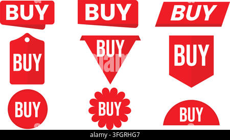 Red BUY Label Badge Collection Set Flat Vector Stickers in Multiple Shapes Stock Vector