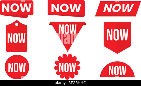 Red NOW Label Badge Collection Set Flat Vector Stickers in Multiple Shapes Stock Vector