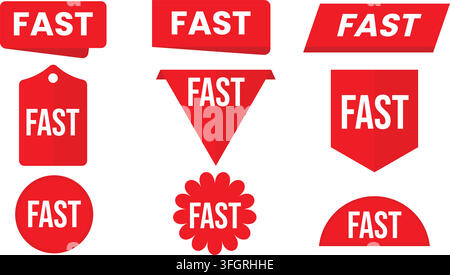 Red FAST Label Badge Collection Set Flat Vector Stickers in Multiple Shapes Stock Vector