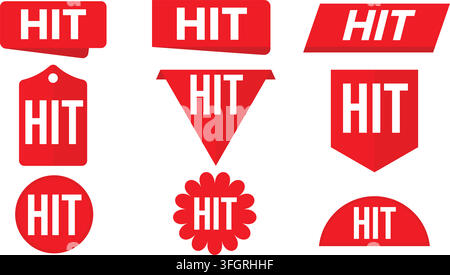 Red HIT Label Badge Collection Set Flat Vector Stickers in Multiple Shapes Stock Vector