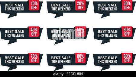 Set of 9 Dark Sale Banner Tags with Red Discount Labels 10 to 90 Percent Off Ribbon Stock Vector