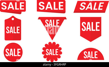 Set of 9 Red Sale Labels and Badges in Multiple Shapes Retail Commercial Promotion Stock Vector