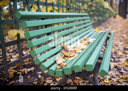 Green park bench covered with autumn leaves inside historic Summer Garden in Saint Petersburg Stock Photo