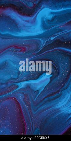 Sparkling fluid. Ink spill. Defocused blue purple color glitter mix acrylic marble texture floating on abstract art background. Stock Photo