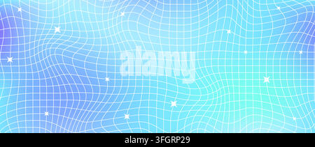 Y2k trippy sparkle grid mesh background. Distorted wireframe pattern with stars. Groovy bluish gradient twinkle and line checkered wallpaper. Vector colorful gradation nostalgic aesthetic tile texture Stock Vector