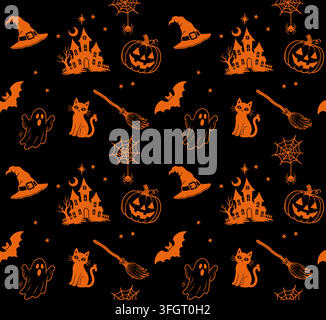 Halloween seamless pattern with orange witch hats, haunted houses, pumpkins, ghosts, black cats, bats, brooms, spiders, webs, moons and stars on a bla Stock Vector