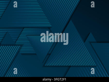 Dark blue tech geometric triangles and glowing lines abstract layered background. Vector digital art design Stock Vector