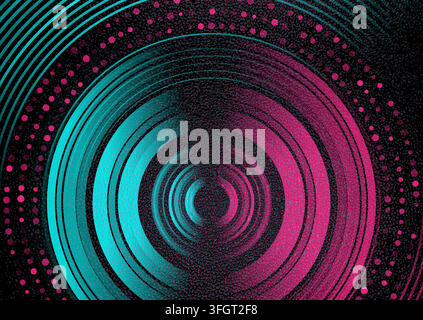 Abstract striped circles and dotted lines with grunge grainy texture background. Geometric vibrant neon vector design Stock Vector