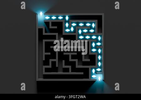 Glowing blue arrows illuminating the correct path through a complex dark maze, representing guidance, problem solving and finding a solution Stock Photo