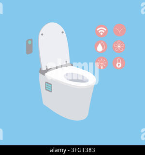 Smart Toilet with IoT Icons Flat Vector Illustration Stock Vector