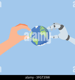 Human and Robot Hands Holding Earth Together for Future Collaboration Stock Vector