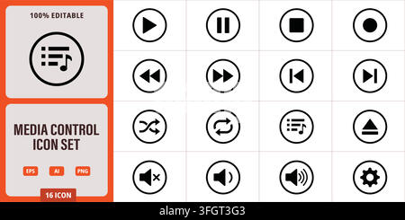 Media control icon set featuring play, pause, stop, record, skip, shuffle, repeat, volume, and settings symbols for audio and video player interfaces Stock Vector