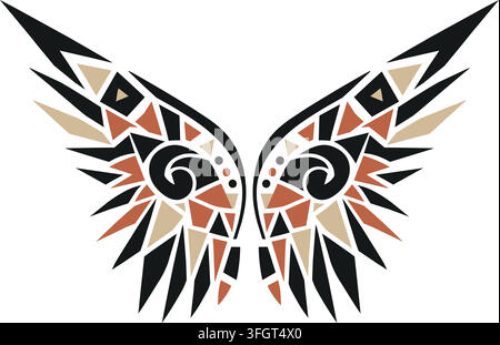 Flat illustration of a dramatic pair of angular black wings with copper and cream geometric sections and spiral details near the center Stock Vector