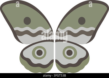 Flat illustration of a moth with gray green wings featuring wavy horizontal bands and rounded eye spot markings Stock Vector