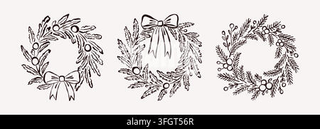 Christmas Fir Tree Wreath with Ribbon Bow and Berries Line Art Set Stock Vector