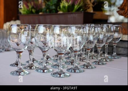 Set of empty wine glasses on the table Stock Photo