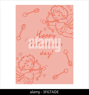Playful Valentine greeting card with two cheerful Cupids shooting heart tipped arrows, floating hearts and elegant Happy Valentines Day lettering on a Stock Vector