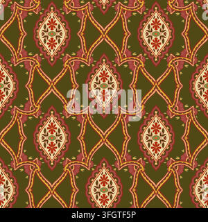 Olive Green Ogee Trellis Floral Pattern Stock Vector