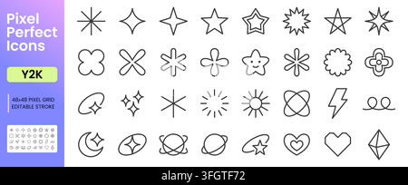 Y2K line icon set. Star, retro sparkle, flower, heart, planet, moon, lightning, diamond, orbit symbols linear minimal vector illustration. Simple Stock Vector