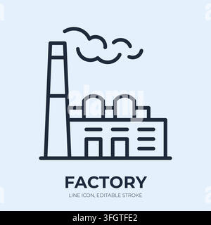 Factory line icon. Industrial plant linear vector illustration. Thin sign of manufacturing building with smokestack emitting fumes for production Stock Vector