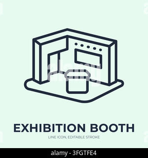 Exhibition booth line icon. Trade show stand linear vector illustration. Thin sign of branded display kiosk with counter for expo, convention, fair Stock Vector