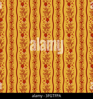Gold Floral Vine Vertical Stripe Pattern Stock Vector