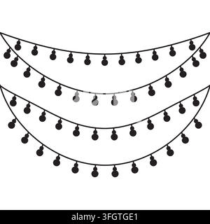 This image displays a clean graphic illustration of three separate arched strands of decorative round light bulbs rendered in a solid black silhouette. Stock Vector
