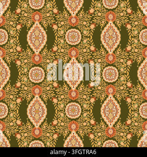 Olive Green Floral Damask Medallion Trellis Pattern Stock Vector