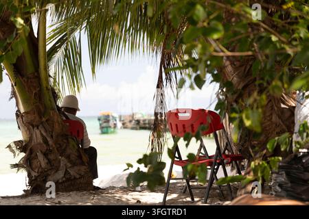 A man sits on a red folding chair beneath leaning palm trees on a white sand beach, gazing toward turquoise water and a wooden pier in the background. Stock Photo