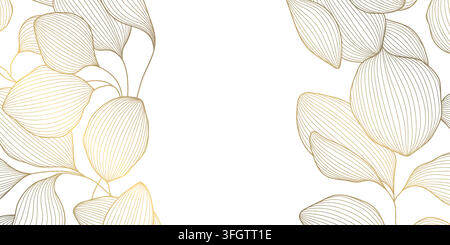 Elegant luxury floral pattern with golden line flowers, leaves, botanical elements, and geometric Art Deco ornament on a white background. Fancy plant Stock Vector