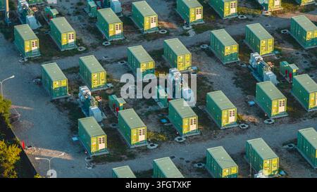Aerial view of modular battery storage containers, transformers and ...