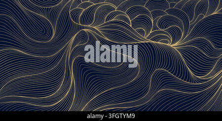 Luxury abstract pattern with elegant golden lines, flowing waves, clouds, and Japanese, Art Deco elements on a dark background. Ocean texture, river Stock Vector