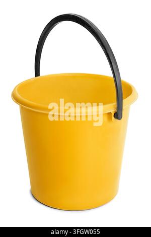 Empty plastic yellow bucket isolated on white background Stock Photo
