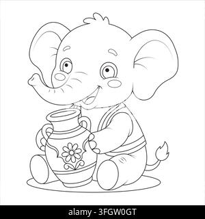 An artistic clay vase is held by a cute baby elephant sitting on the floor. Stock Vector