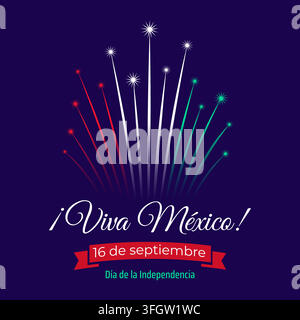 Viva Mexico. September 16 independence day, mexican colorful fireworks flag on night sky. Mexican national holiday. Vector greeting card Stock Vector