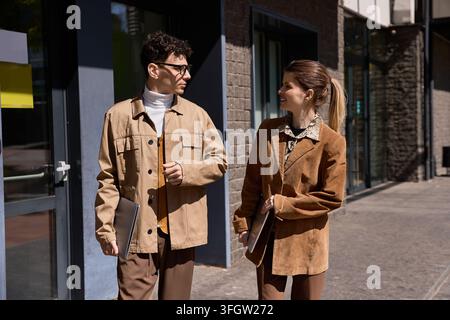 Two stylish employees walk side by side outdoors, discussing work and ideas in the sun. Stock Photo