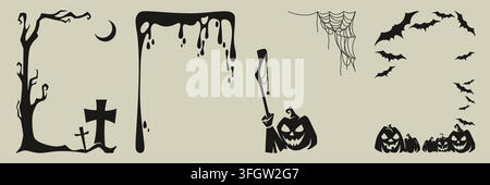 Vintage Halloween frame set with spooky gothic design elements. Vector illustration of scary dark silhouettes of cemetery grave, bloody border, evil pumpkin, witch broom, cobweb corner, flying bats Stock Vector