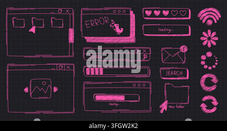 Sketch style pink user interface elements on black background. Vector illustration of hand drawn doodle dialog window, search and loading bar, browser buttons and icons for playful website design Stock Vector
