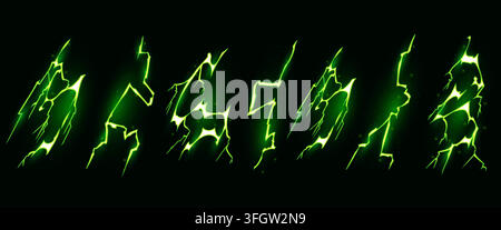 Neon green lightning bolt effect set on black background. Vector cartoon illustration of vibrant electric energy strikes with glowing sparks, bright flash light in dark sky, magic game design elements Stock Vector