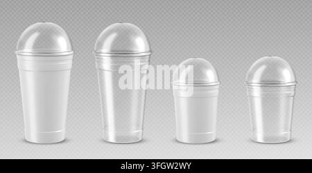 Plastic cup with dome lid mockup isolated on transparent background. Vector realistic illustration of tall and small containers for cold drinks, ice coffee, smoothie, milkshakes, beverages to go Stock Vector